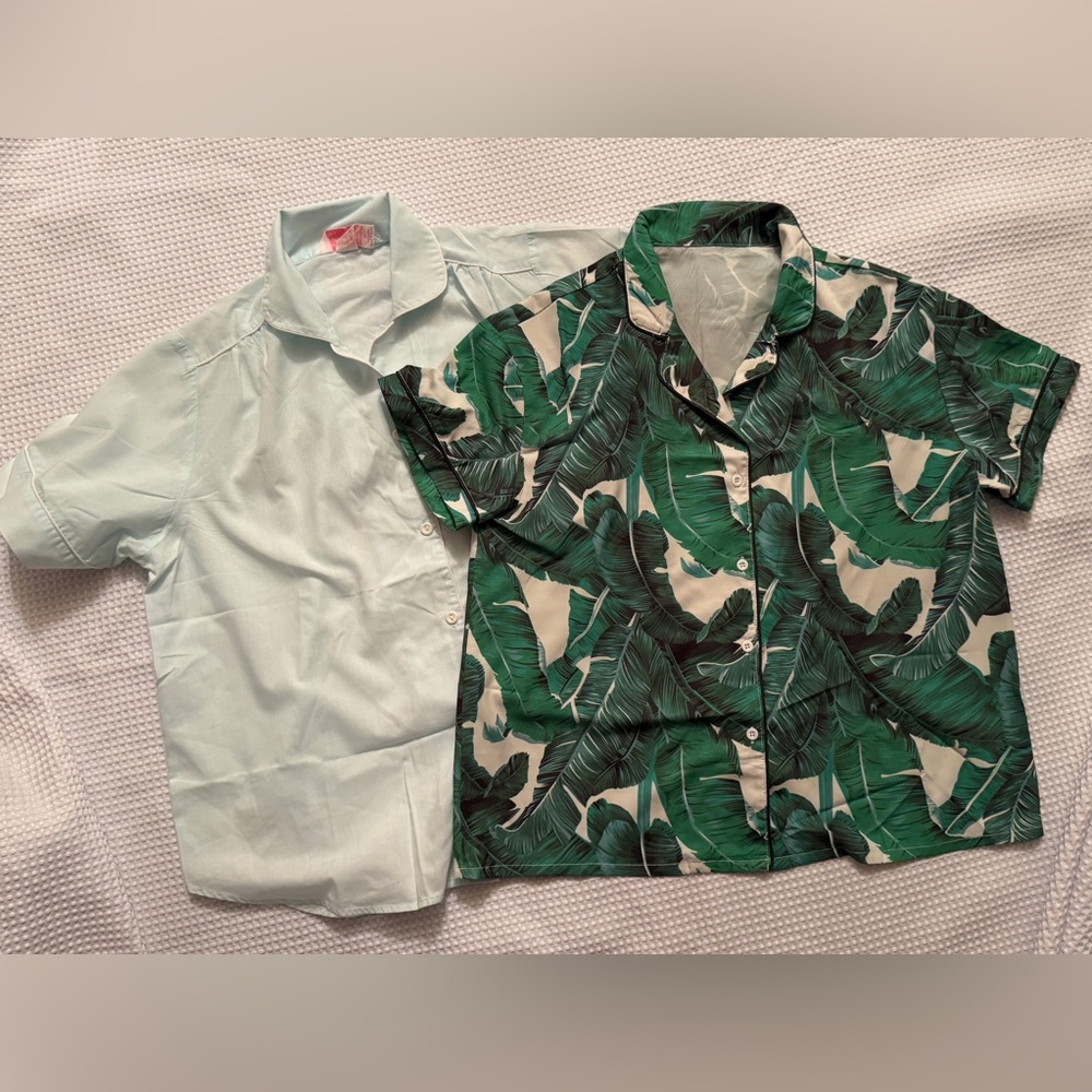Women’s Green Tropical Leaf Short-Sleeve Pajama Shirt and light green nightshirt